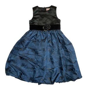 Floral Jacquard Dress 6 Velvet Rosette Flower Applique Sleeveless Formal Blue